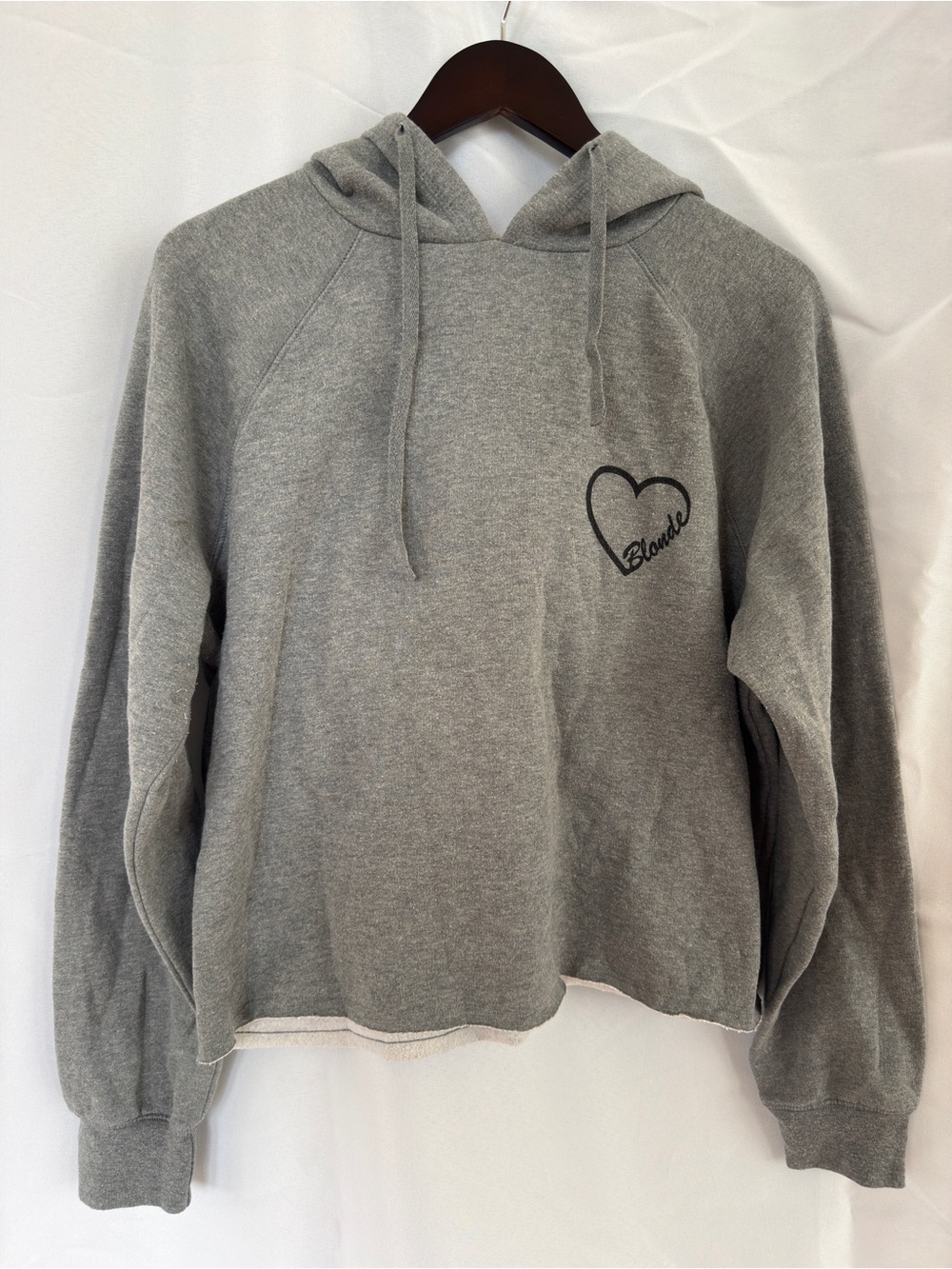 Brunette the Label Blonde Heart Hoodie Gray Cropped Raw Hem L/XL